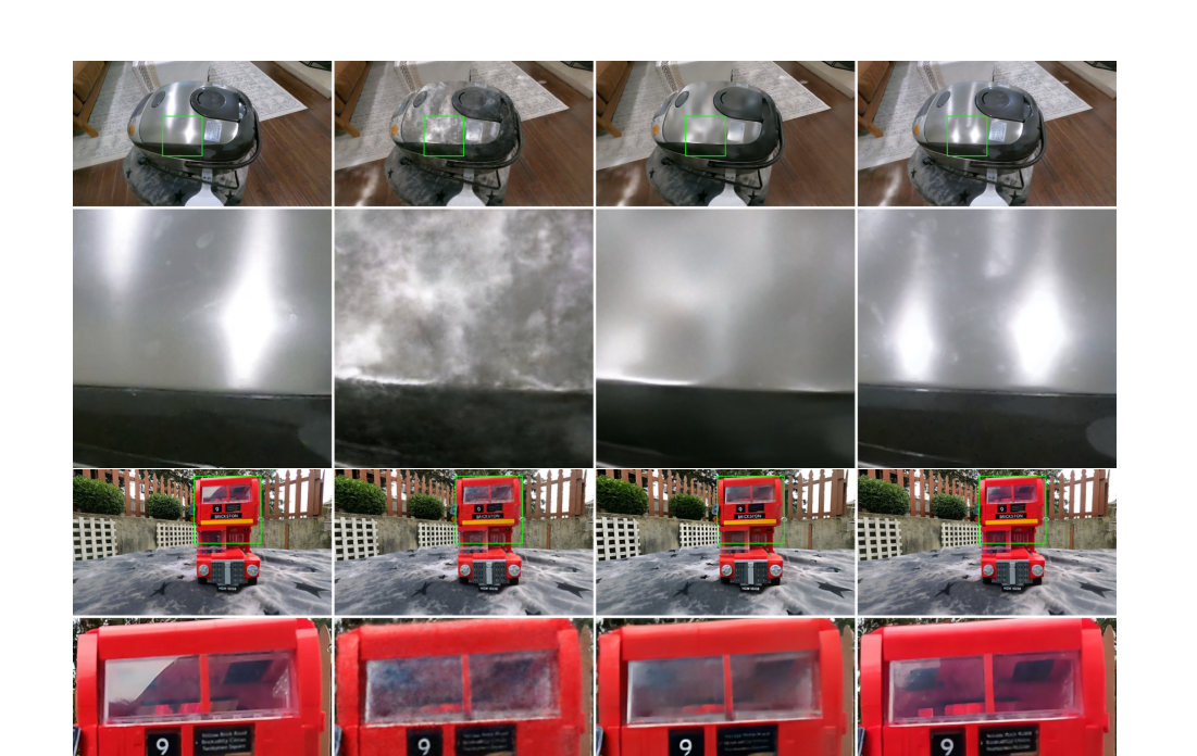Comparison of reference images, NeRF renderings, image restoration, and NeRF Diffusion results
